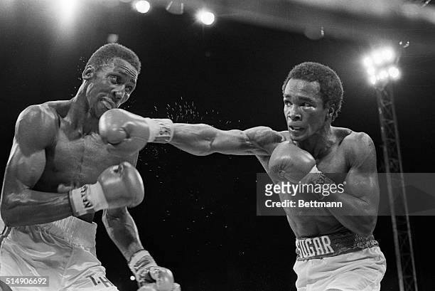 Las Vegas, NV: Welterweight champs Tommy Hearns and Sugar Ray Leonard trade long jabs 9/16. Leonard won the undisputed claim to the title.