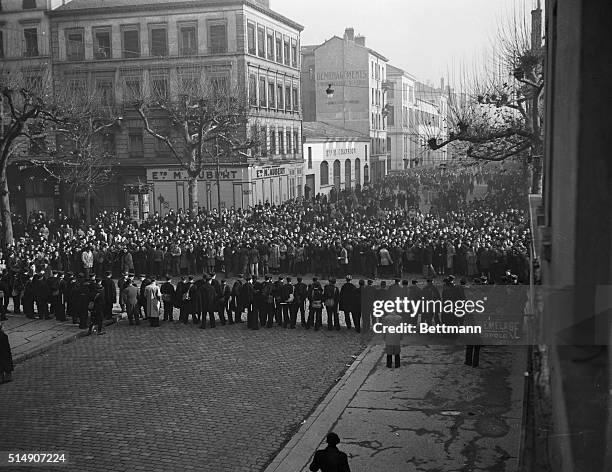 Lyons, France- Determined gendarmes form a line and check the advance of strikers who attempted to march on the prefecture in Lyons, after a meeting...