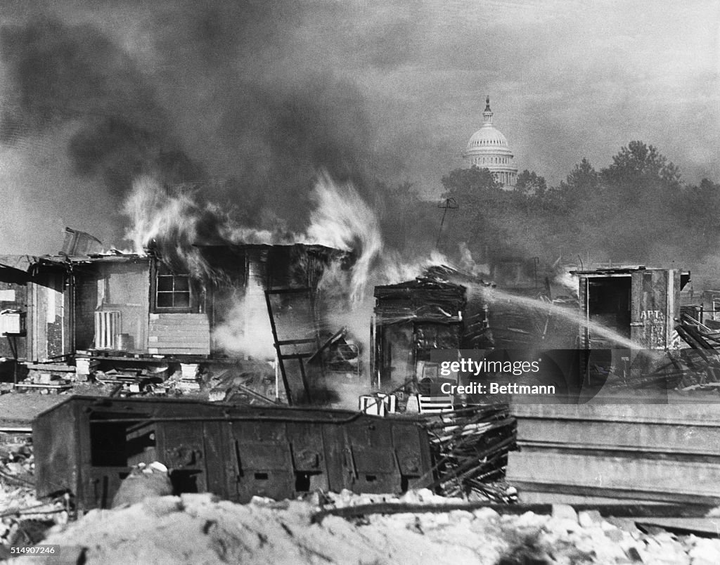 Shacks of Bonus Army Burning in Washington DC