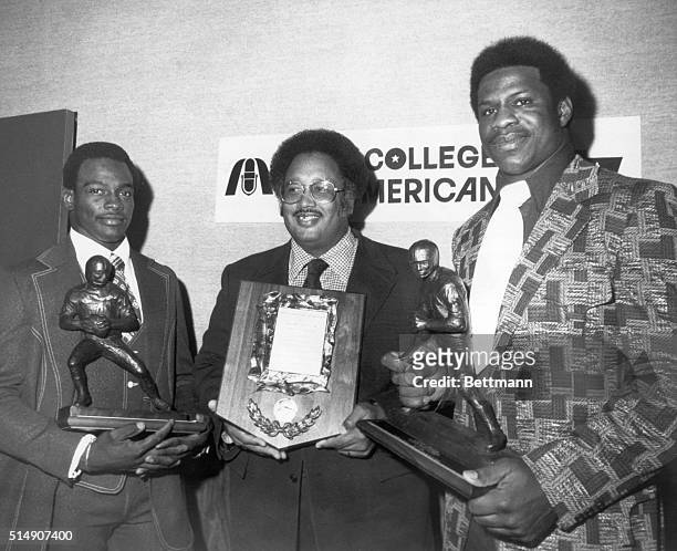 New York, New York- Winners of second annual Black College All-American Football Team Awards display trophies following presentation ceremonies. From...