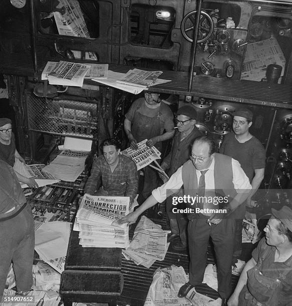 Paris, France- The April 26th editions of the Paris newspapers emphatically declare "insurrection terminated." This is the pressroom of "L'Aurore."...