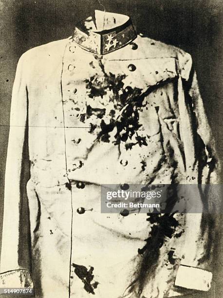 The bloody coat of Archduke Franz Ferdinand of Austria after his assassination at Sarajevo, Bosnia Herzegovia, on June 28, 1914; the event which led...