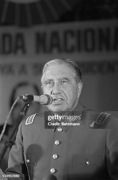 Santiago, Chile- Chilean President General Augusto Pinochet addresses supporters in a downtown Santiago theater. The rally, attended by some 5,000...