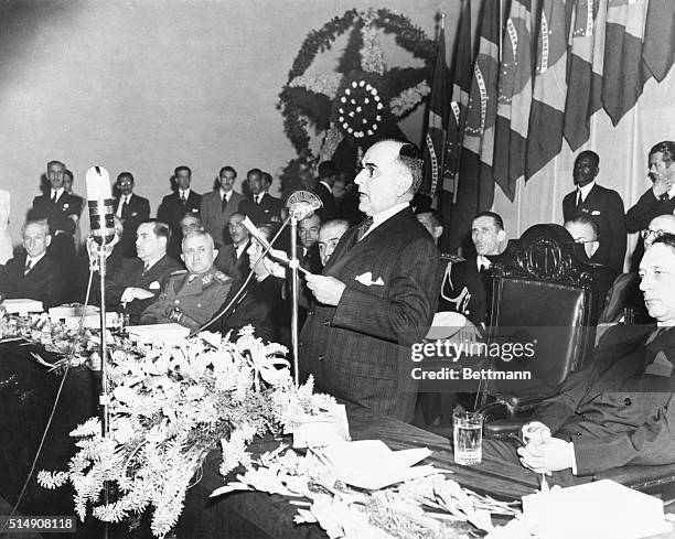 Rio de Janeiro, Brazil-President Getulio Vargas of Brazil is shown speaking in the Teatro Nacional in Rio, during the celebration of the fifth...