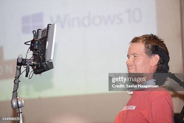 Former NFL Player and ALS Advocate Steve Gleason speaks onstage during a fireside chat with Steve Gleason hosted by Windows 10 and Team Gleason at...