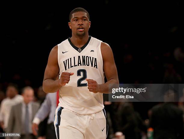 Kris Jenkins of the Villanova Wildcats celebrates the win over the Providence Friars during the semifinals of the Big East Basketball Tournament on...