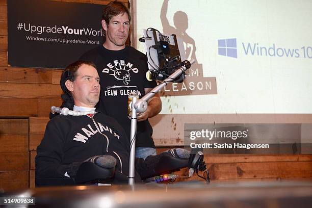 Former NFL Player and ALS Advocate Steve Gleason and former NFL player and producer Scott Fujita speak onstage during a fireside chat with Steve...