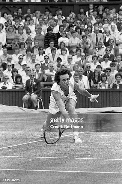 London, England- Action shot of Billie Jean King during her Wimbledon match against Andrea Jaeger, in which King lost 6-1, 6-1.