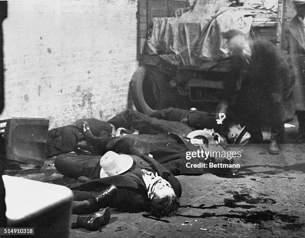 Aftermath of the Valentine's Day Massacre of February 14, 1929. Seven members of the O'Banion Moran gang were trapped in a warehouse, lined up...