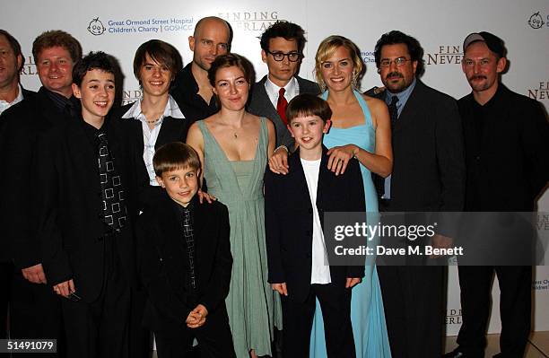 Cast Joe Prospero, Nick Roud, Luke Spill, Marc Foster, Kelly Macdonald, Johnny Depp, Freddie Highmore, Kate Winslet and Ian Hart arrive at the UK...