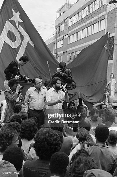 Sao Paulo, Brazil-Luis Inacio da Silva, who is known throughout Brazil by his childhood nickname, "Lula," addresses a recent rally. He is founder of...