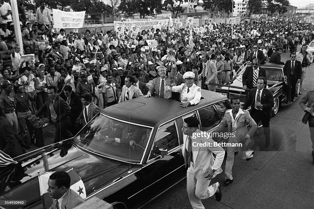 Jimmy Carter and Omar Torrijos Wave from Limo