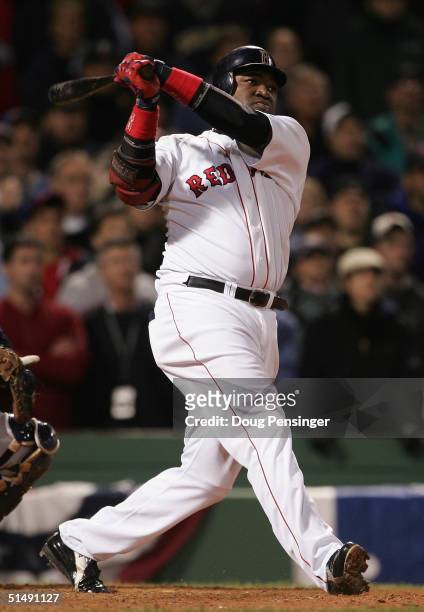 David Ortiz hits the game winning two-run home run against the New York Yankees in the twelth inning during game four of the American League...