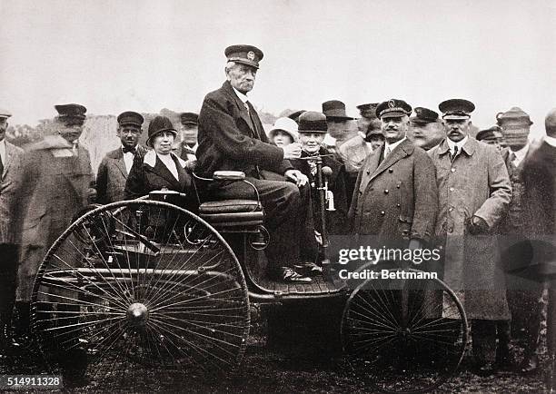 Inventor Karl Benz seated on the 1885 Benz Motorwagen. The motorwagen was the first motor vehicle ever to be sold to the public. Manufactured at the...