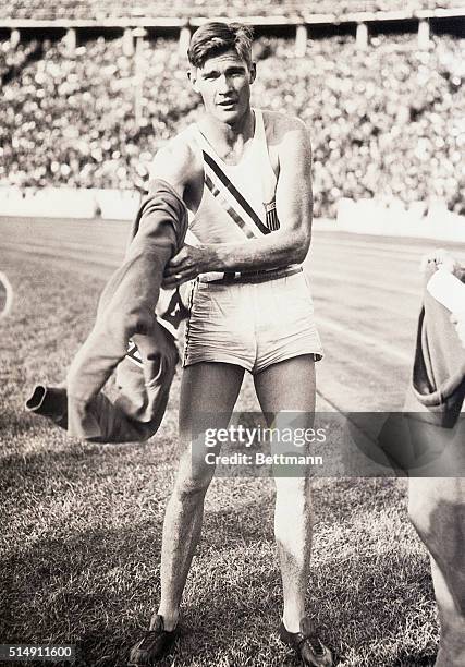 Berlin, Germany- Forrest Towns of the U.S. Is pictured here after winning the 110-meter hurdles in 14.2 seconds at the Olympics in Berlin.