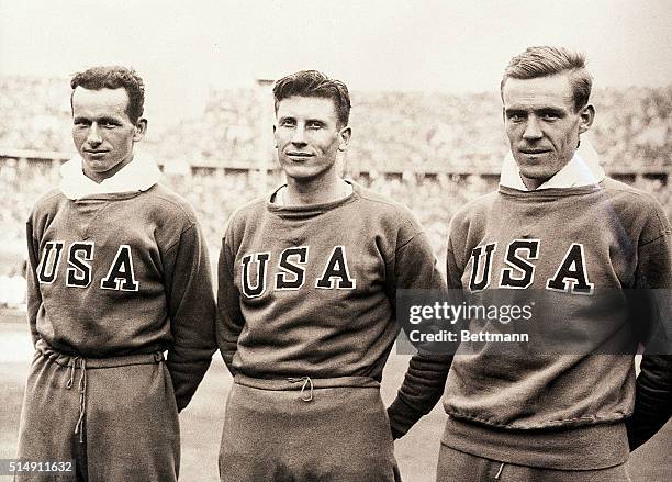 Berlin, Germany- Glenn Morris , Robert Clark , and Jack Parker , who finished first, second and third respectively to make a sweep of the decathlon...