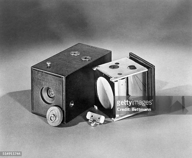 Picture shows the NO.1 Kodak camera, designed especially for American film, came out in 1888. It sold for $25, loaded for 100 exposures, and the...