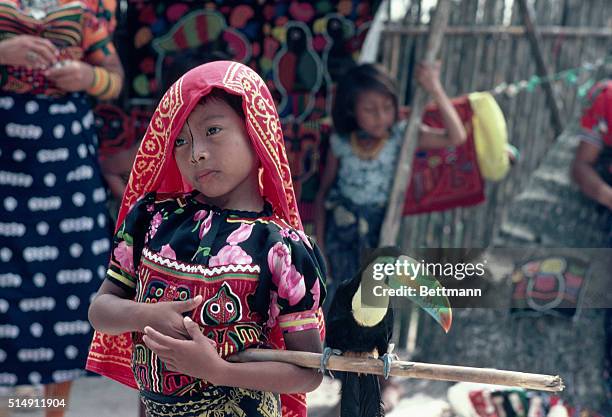 San Blas Island, Panama- Women of Kuna wear gold nose rings, arm and leg bands, sarongs and colorful Mola blouses. They are among the most...