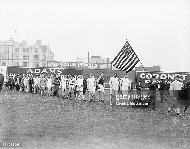 Stockholm, Sweden: Photo shows the American Olympic team marching on to the field during the Olympic Games in Sweden.