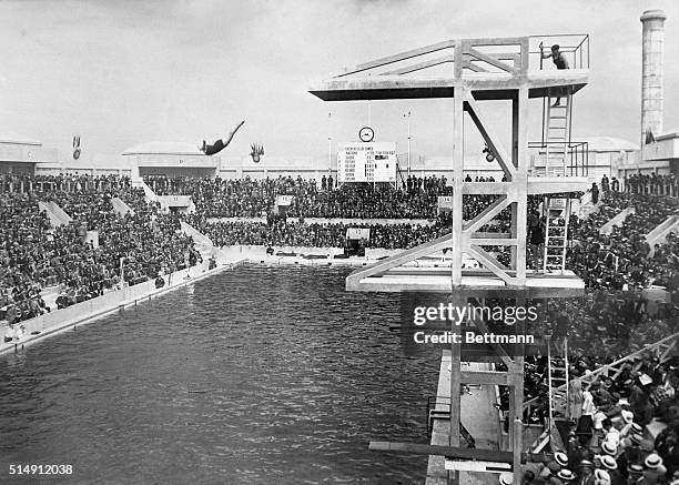 Paris, France- Caroline Smith, American girl, winning high diving competition at Tourelles Pool.