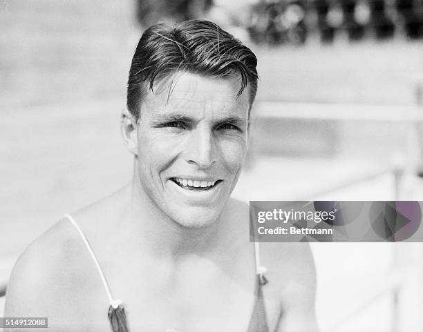 Los Angeles, CA- A new picture of Buster Crabbe, free-style swimming hope for America in the Olympic Games. Buster holds the American record for the...