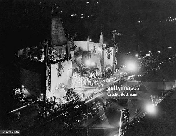 Exterior view of Grauman's Chinese Theater at night, from a rooftop angle. Famous movie premiere sight and often home of the Annual Academy Awards...