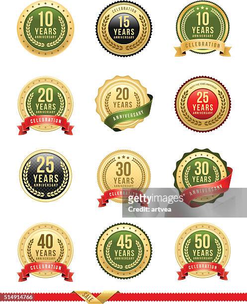 anniversary gold badge set - 20 29 years stock illustrations