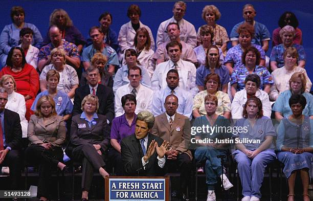 Democratic presidential candidate U.S. Senator John Kerry speaks at the Tampa Bay Performing Arts Center October 18, 2004 in Tampa, Florida. Kerry...