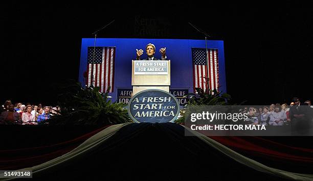 Democratic presidential candidate John Kerry delivers a speech at the Tampa Bay Performing Arts Center in Tampa Bay, Florida, 18 October 2004....