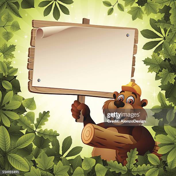 stockillustraties, clipart, cartoons en iconen met beaver character holding a wooden sign - funny beaver