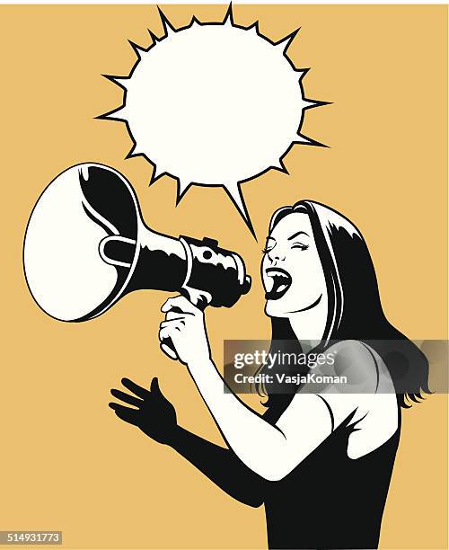 woman with loud speaker in black and white - women's rights illustration stock illustrations
