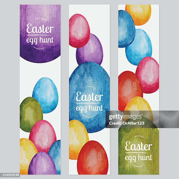 vibrant hand painted watercolor easter egg hunt banners - easter eggs isolated stock illustrations
