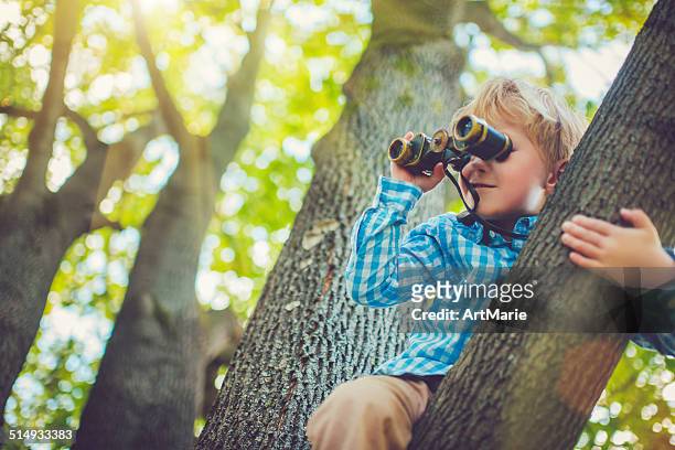 little boy with a binocular - spy glass stock pictures, royalty-free photos & images