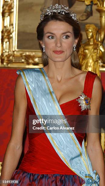 Princess Letizia of Spain attends Royal Gala Dinner honouring Letonia's President Vaira Vike-Freiberga at the Royal Palace on October 18, 2004 in...