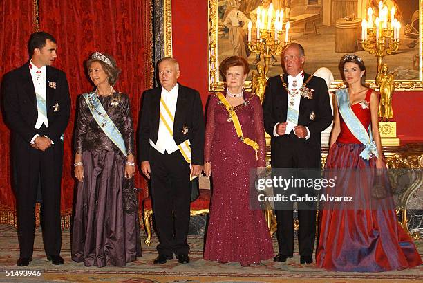 Crown Prince Felipe, Queen Sofia, Imants Freibergs, President Vaira Vike-Freiberga, King Juan Carlos and Princess Letizia attend Royal Gala Dinner...