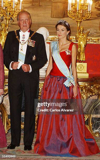 King Juan Carlos and Princess Letizia of Spain attend Royal Gala Dinner honouring Letonia's President Vaira Vike-Freiberga at the Royal Palace on...