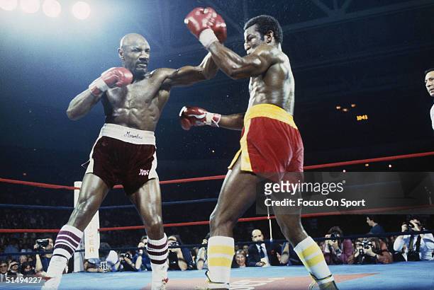 Marvin Hagler deliveres a blow to an opponent during a bout circa 1990's.