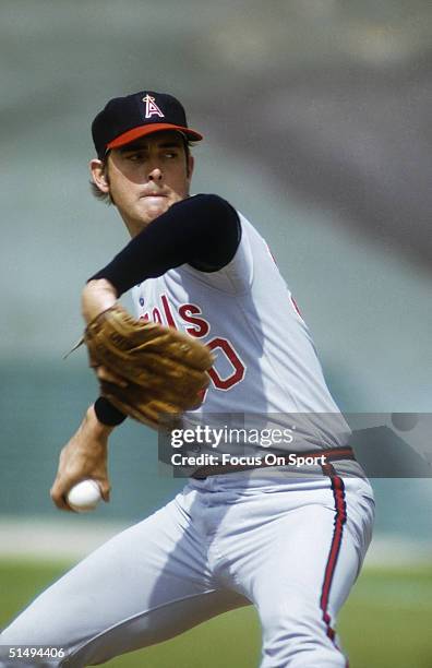 Pitcher Nolan Ryan of the California Angels pitches during the 1970s.