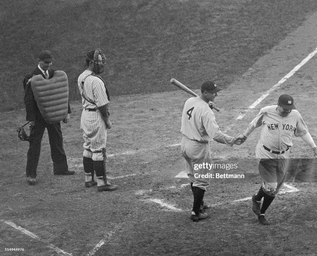 Lou Gehrig Greeting Babe Ruth at Plate