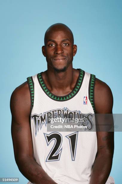 Kevin Garnett of the Minnesota Timberwolves poses for a portrait during NBA Media Day on October 4, 2004 at the Target Center in Minneapolis,...