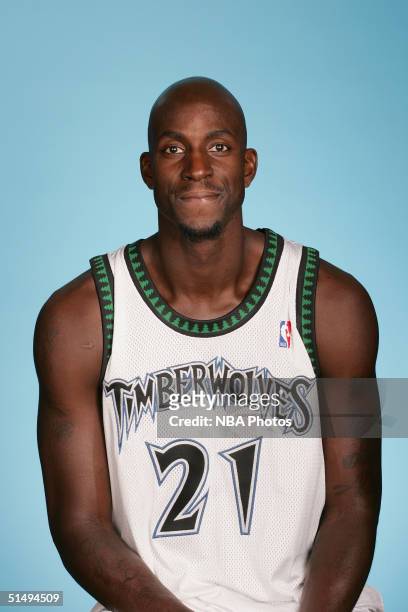 Kevin Garnett of the Minnesota Timberwolves poses for a portrait during NBA Media Day on October 4, 2004 at the Target Center in Minneapolis,...
