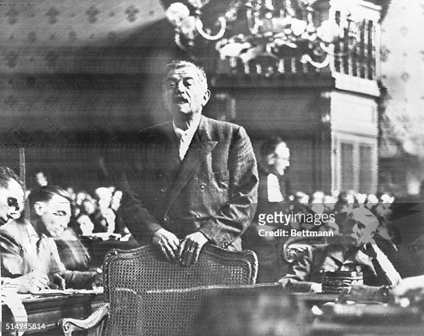 Paris, France- Pierre Laval, former Vichy leader returned from Spain to face trial himself, testifies in the trial of Henri Petain in Paris. Petain,...