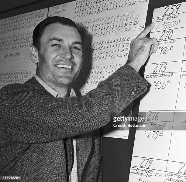Ben Hogan flashes a victory smile and points to his record-tying 259 after he won the Greenbriar Open Golf Tournament. The 21-under-par win in the...