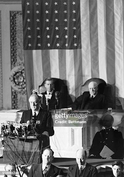Franklin Roosevelt asks a joint session of Congress for a declaration of war on the Empire of Japan, the day after the Japanese attacked the U.S....