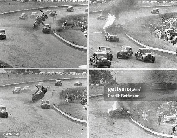 Marsie Atkins driving a 1941 Ford Coupe in 200 mile International Championship Stock Car Races at Langhorne, Pa., comes just about is close to death...