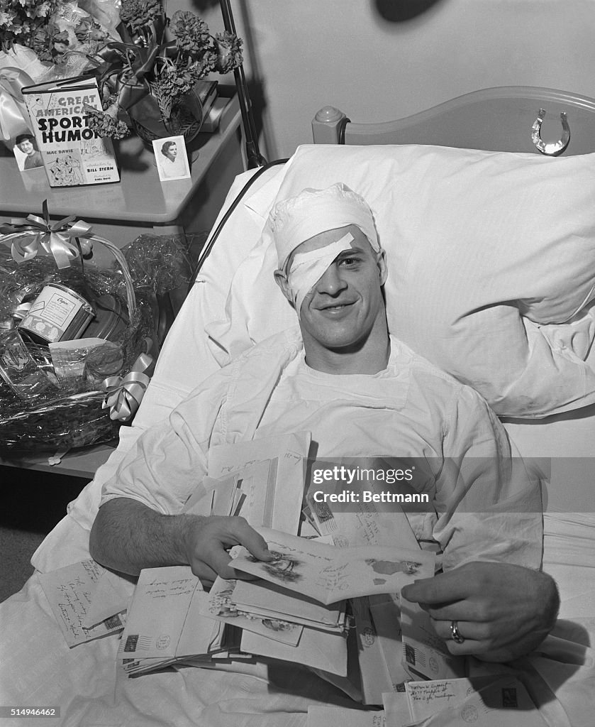Gordon Howe in Hospital Bed With Gifts