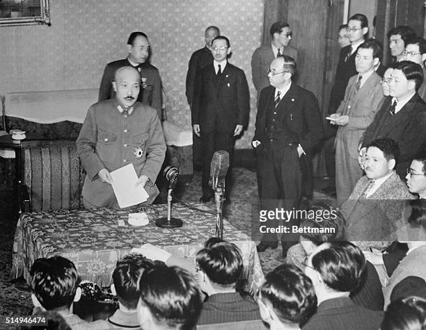 Lt. General Hideki Tojo, new Japanese Premier gives a statement to newspapermen at his official residence shortly after the first cabinet meeting...