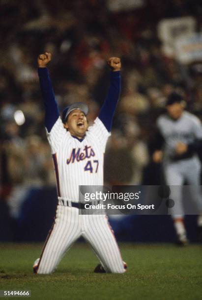 Pitcher Jesse Orosco of the New York Mets reacts after defeating the Boston Red Sox in Game Seven of the World Series at Shea Stadium on October...