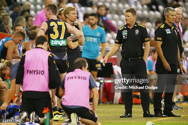 Tigers head coach Damien Hardwick has on outburst due to the amount of injured players he has sustained near the bench in the dying stages during the...