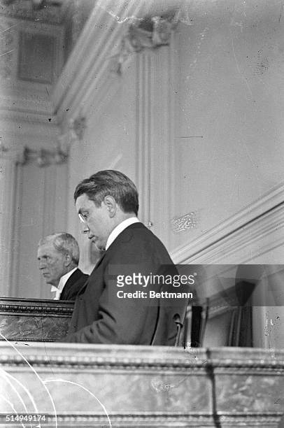 Portrait of jealous millionaire Harry K. Thaw seated on the witness stand during his trial for shooting New York architect Stanford White in Madison...